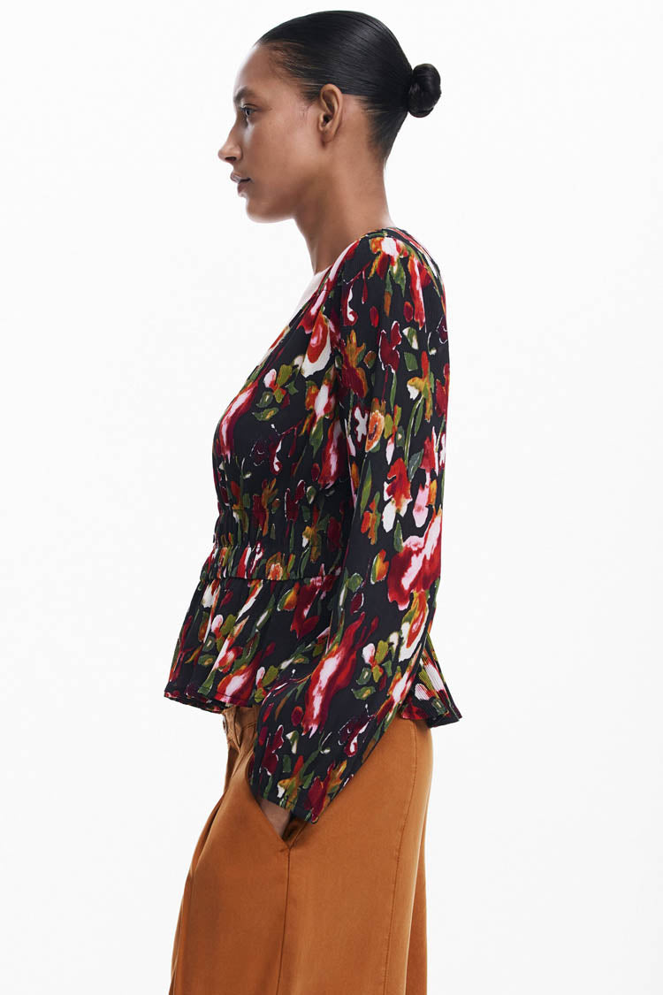 V-Neck Floral Blouse with Shirred Waist | FINAL SALE