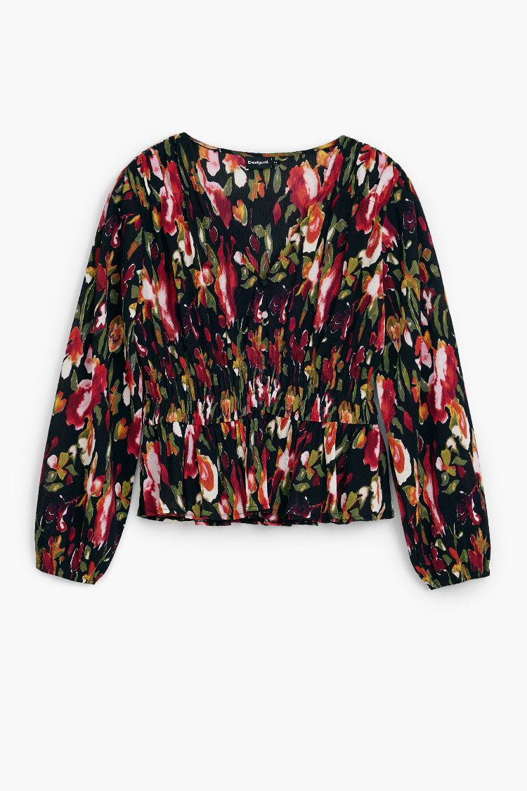 V-Neck Floral Blouse with Shirred Waist | FINAL SALE