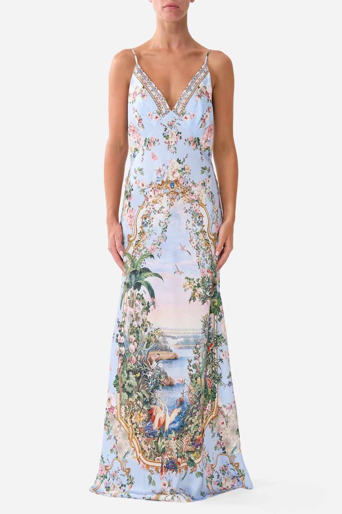 V Neck Full Length Bias Slip Dress in Sisi Society