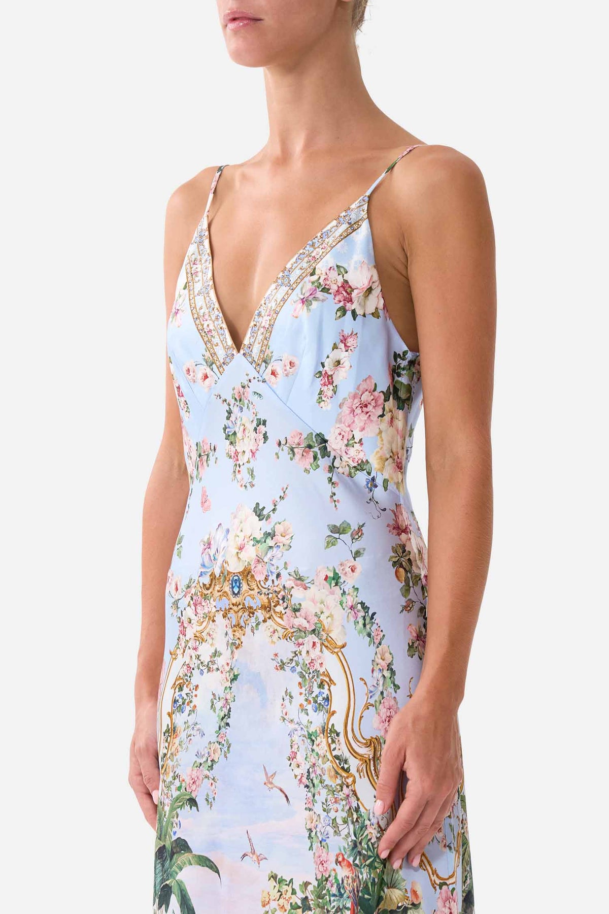 V Neck Full Length Bias Slip Dress in Sisi Society