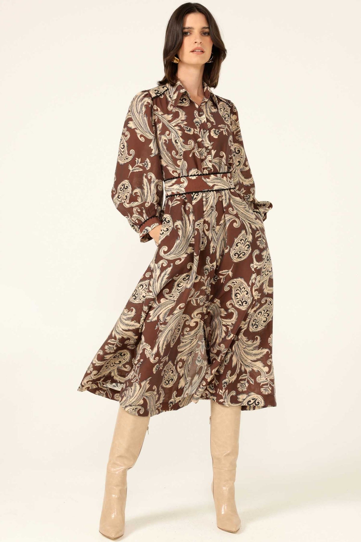 Vanessa Shirtmaker Dress in Cocoa Cream Paisley | FINAL SALE