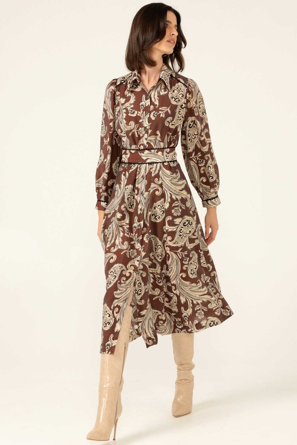 Vanessa Shirtmaker Dress in Cocoa Cream Paisley | FINAL SALE
