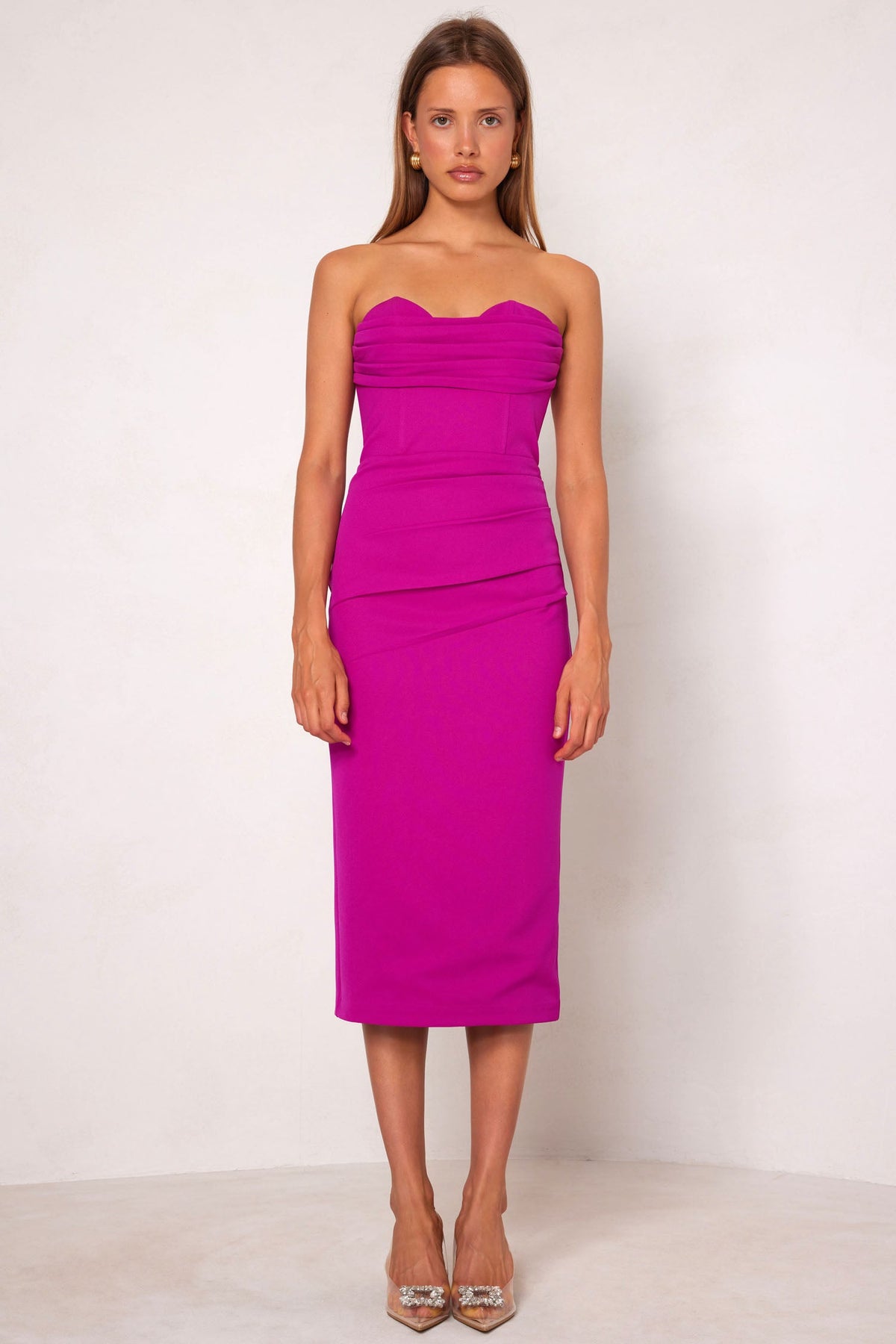 Zaira Strapless Midi Dress in Fuchsia