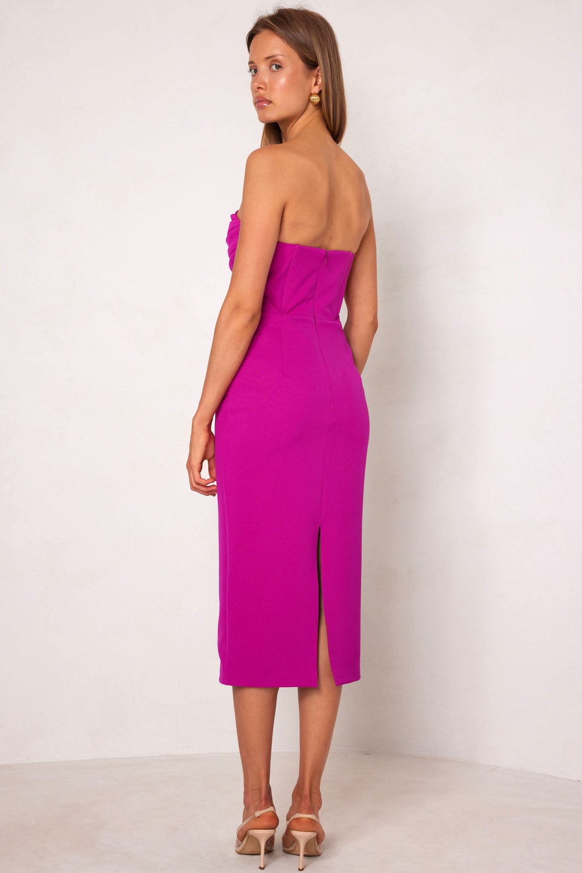 Zaira Strapless Midi Dress in Fuchsia